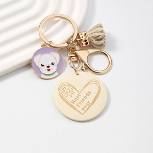 Golden Best Friends Ever keychain with dog charm, wooden disk and purple tassel