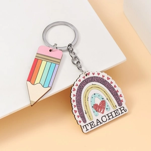 Creative wooden teacher keychain with pencil pendant and rainbow teacher text design