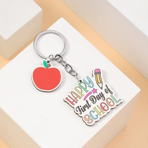 Creative apple shaped wooden keychain with HAPPY First Day of SCHOOL charm for teachers