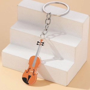 Creative double-sided violin keychain in orange acrylic with premium silver metal chain link