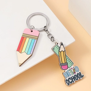 Rainbow pencil and ruler school keychain with Hello School wood charm for teachers