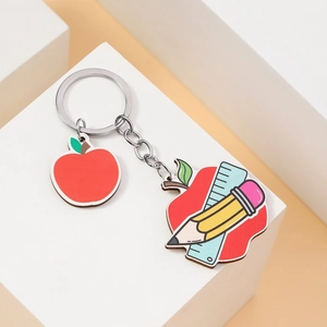 Creative apple teacher appreciation wooden keychain with school stationery charms for gifts