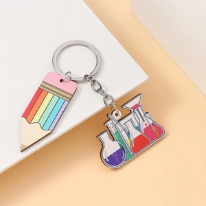 Creative Teacher School Keychain with Rainbow Pencil and Chemical Lab Flask Pendants