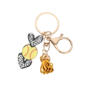 Softball themed keychain with acrylic leopard heart pendant and yellow tassel fringe