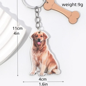 Macro view of 3D Golden Retriever keychain with bone charm and size measurements