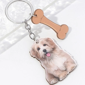 3D effect cute puppy dog keychain with bone pendant and silver metal ring accessory