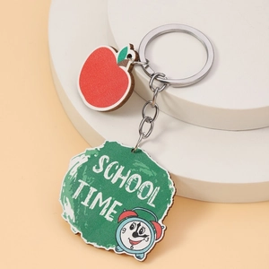 Creative wooden apple keychain with School Time lettering and alarm clock charm