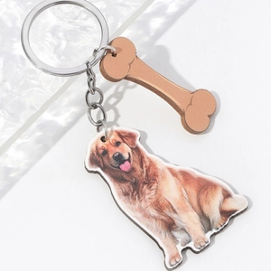 3D Golden Retriever keychain with cute brown bone charm for dog lovers accessory