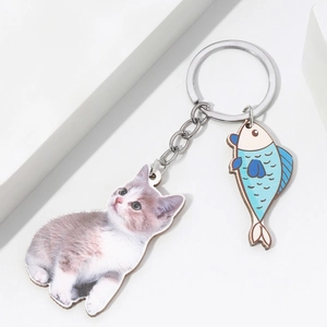 Cute 3D cat eating fish keychain with acrylic animal pendant and silver metal ring
