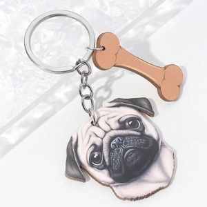 3D effect pug dog head keychain with brown bone pendant on elegant water ripple background