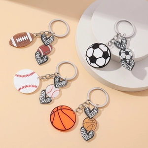 Acrylic Leopard Print Heart Sports Ball Keychain Basketball Soccer Rugby Baseball Charm Keyring For Sports Fans Women Men Jewelry Gift