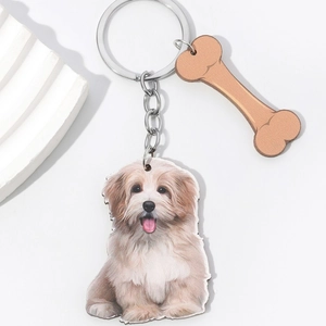 3D cute pet dog keychain with bone charm featuring a realistic fluffy dog design