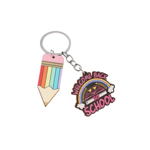Colorful teacher keychain with rainbow pencil and Welcome Back to School wooden pendant