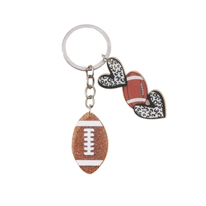 Sparkly brown football keychain with leopard print heart charms and silver ring