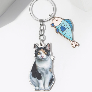 3D effect calico cat and blue fish keychain pendant with polished silver metal ring