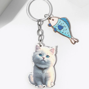Cute 3D effect white long-haired cat and blue fish acrylic keychain for bags