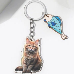 3D cute orange cat and blue fish keychain pendant with metallic silver keyring