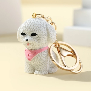 Portachiavi 3D a forma di cane Bichon Frise in resina con sciarpa e anello dorato