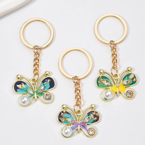 Elegant Alloy Enamel Butterfly Keychain With Faux Artificial Pearl Rhinestone For Women Car Key Ring Bag Charm Decorative Jewelry