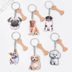 Detailed set of six 3D acrylic dog keychains featuring diverse breeds and bone charms
