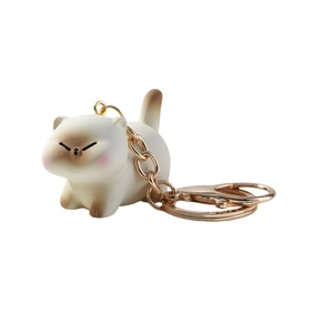 3D cute cartoon cat resin keychain featuring a detailed cream pet kitty with gold ring