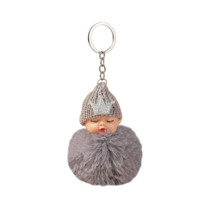 Cute sleeping plush doll keychain with grey crown hat and soft faux fox fur ball charm