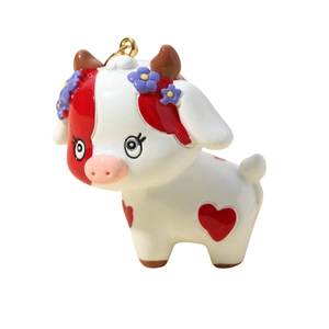 3D cute cartoon cow keychain with red heart pattern and purple flower decoration
