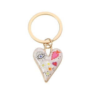 Porte-clés cœur en émail avec œil protecteur et motifs de fleurs sur fond blanc