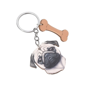 3D effect Pug dog keychain with brown bone pendant and high-quality printed metal ring