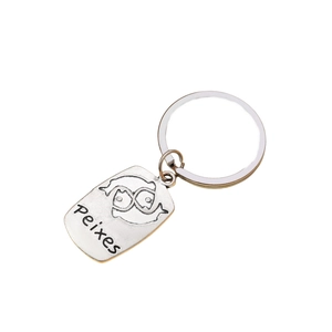 Pisces zodiac keychain in silver alloy with rectangular engraved pendant and keyring