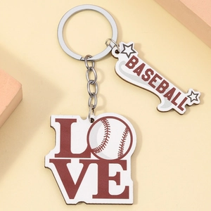 Baseball LOVE themed wooden keychain with alphabet charms and silver metal ring accessory