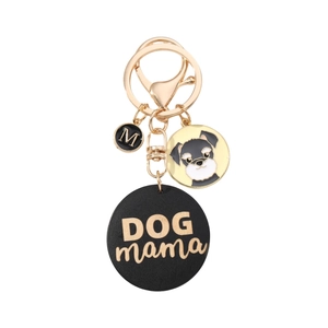 Dog Mama keychain with Schnauzer charm, tassel, and gold-toned metal rings on white background