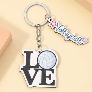 Wooden volleyball keychain with LOVE artistic lettering and star-shaped sports charm