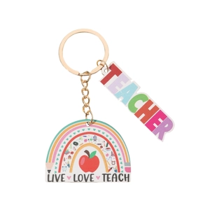 Wooden Teacher keychain set with rainbow Live Love Teach design and colorful charms
