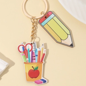 Cartoon school stationery keychain set with pencil and teacher appreciation apple pen pot
