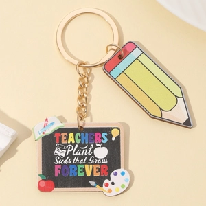Teachers Plant Seeds wooden keychain with pencil charm and gold metal ring for Teacher's Day