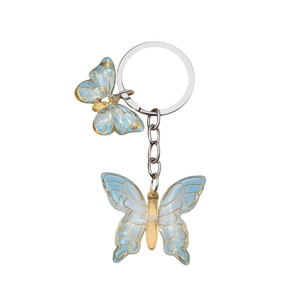 Creative blue and white gradient resin butterfly keychain with gold edges and silver ring