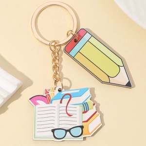 Rainbow pencil and school supplies charm keychain with gold metal finish for teachers