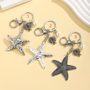 Bohemian Alloy Starfish Keychain With Faux Artificial Pearl Shell Pendant Marine Theme Metal Bag Charm For Women Keyring Accessory