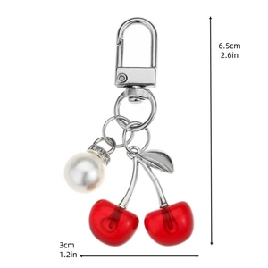 Cute mini cherry keychain with red translucent fruit charms and white pearl accent