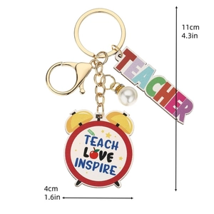 Teacher gift keychain with pearl, pencil and TEACH LOVE INSPIRE alarm clock charm