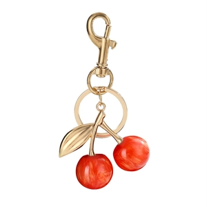 Creative glitter cherry resin keychain with golden leaf and marble texture red cherry charms
