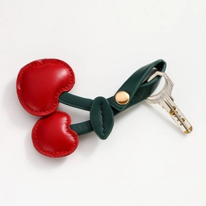 Cute red PU leather cherry keychain pendant for women handbags with gold metal clip