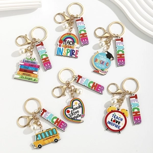 Set of 6 colorful rainbow teacher appreciation keychains with pencil and book charms