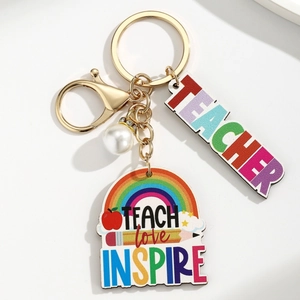 Wooden Teacher appreciation keychain with rainbow letters, pencil design, and pearl bead
