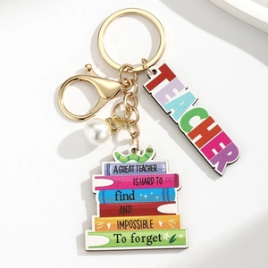 Wooden Teacher appreciation keychain with rainbow books and a white pearl pendant