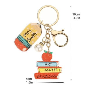 Rainbow tassel teacher keychain with personalized pencil and apple charms, 10cm length