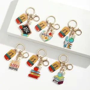 Acrylic Teacher Appreciation Keychain Gold Alloy Printed Pencil Apple Book Heart Pendant School Jewelry Graduation Gift