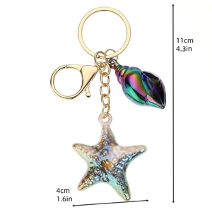 Regenbogen Seestern Schlüsselanhänger mit goldenem Karabinerverschluss und Muschel