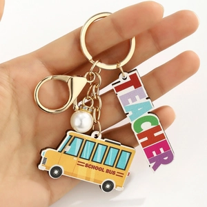School bus keychain with colorful Teacher letters, pearls and gold ring for teacher gifts